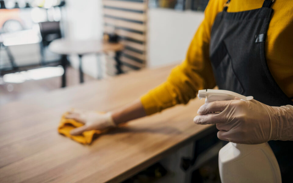 vista-laterale-della-tabella-di-pulizia-barista-femminile-mentre-indossa-guanti-in-lattice